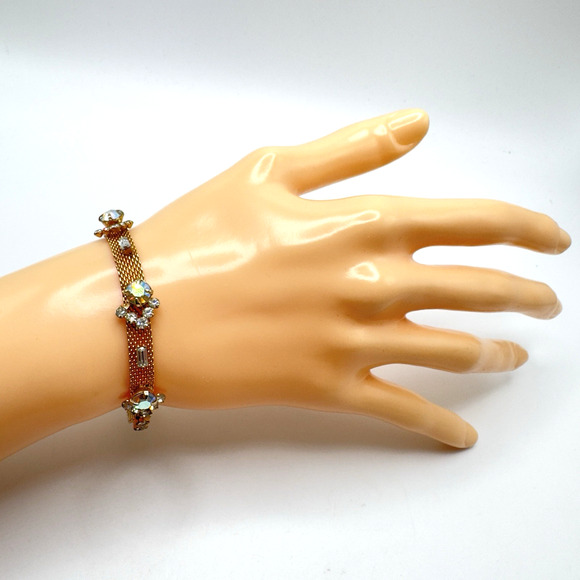 Vintage Mesh Rhinestone Bracelet Gold Tone AB Aurora Borealis 7” - Picture 3 of 9